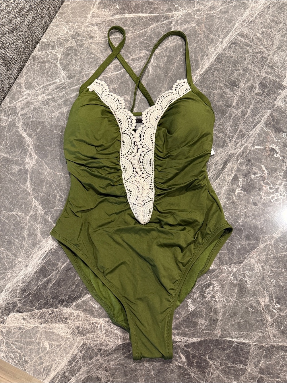 Time and Tru Olive Green One-Piece Swimsuit with Cream Lace Trim